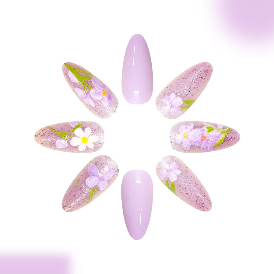Whimsical Lavender Medium Almond Press on Nail Set with Floral Design