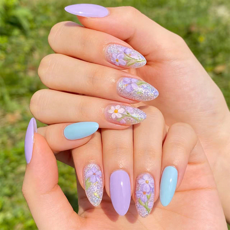 Floral Whisper Long Almond Lavender Press on Nail Set with Sparkling Accents