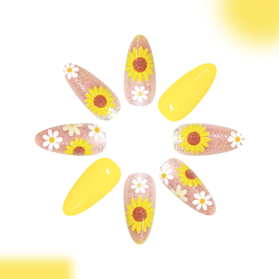 Sunshine Blooms Medium Stiletto Yellow Floral Nail Set with Glitter Petals