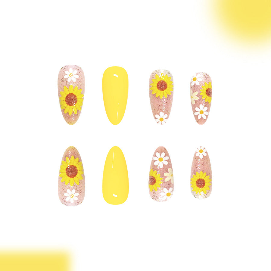 Sunshine Blossom Medium Almond Yellow Floral Nail Press Set