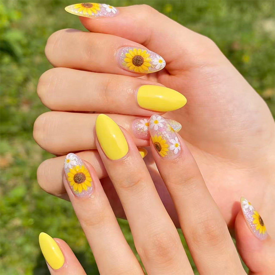 Sunshine Blossom Long Almond Yellow Floral Press On Nail Set