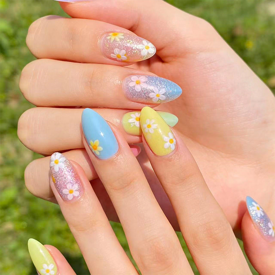 Flower Power Long Almond Pastel Colors with Floral Accents Press on Nail Set