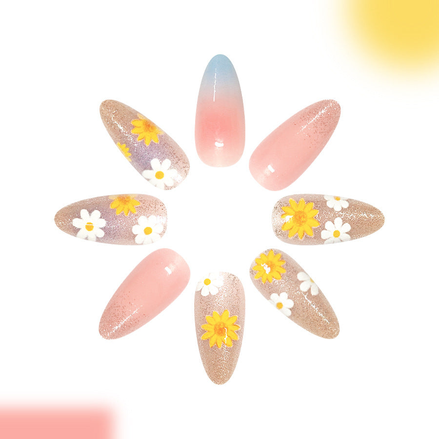 Blooming Floral Dream Medium Almond Pink Ombre with Daisy Accents Press On Nail Set