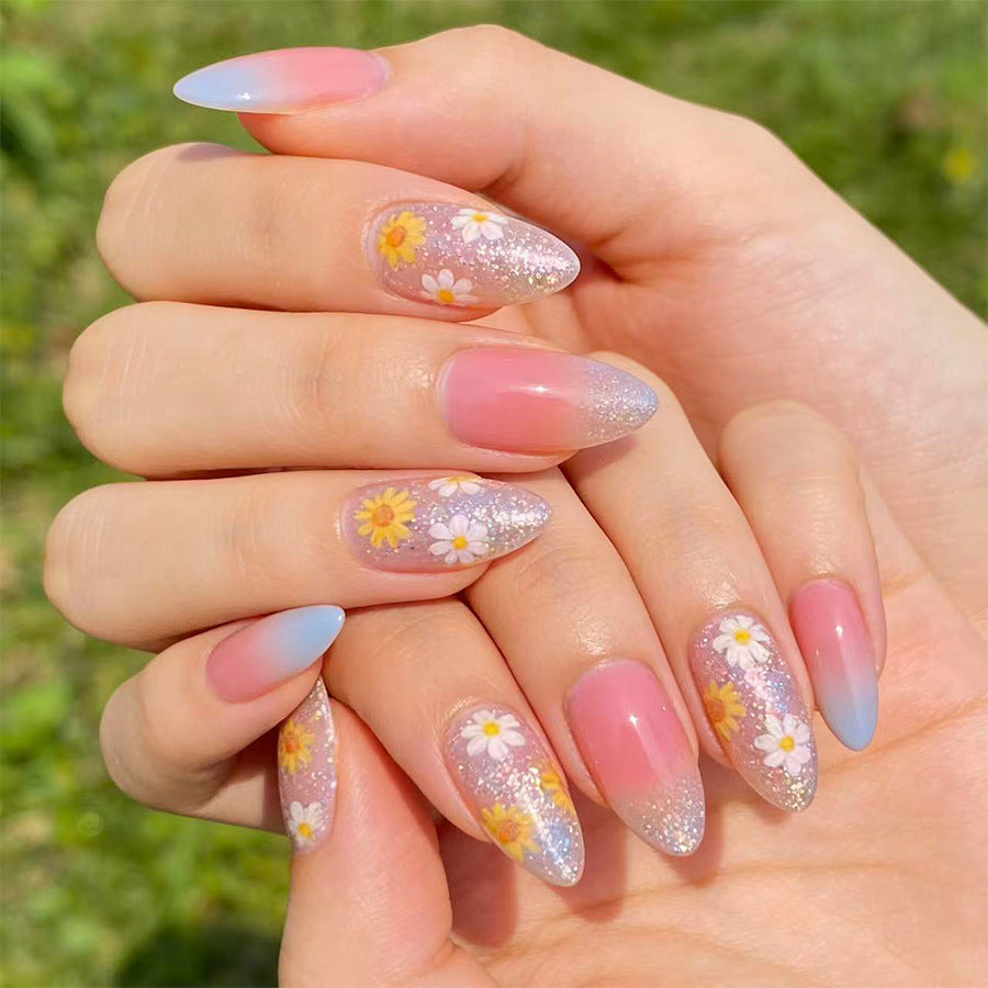 Floral Dream Medium Almond Gradient Pink and Daisy Design Press On Nail Set