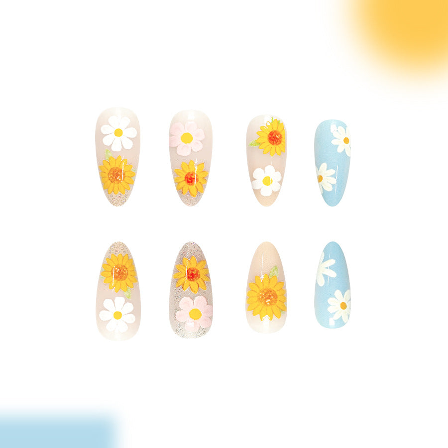 Sunny Blossom Long Almond Floral Nail Set with Vibrant Flower Accents