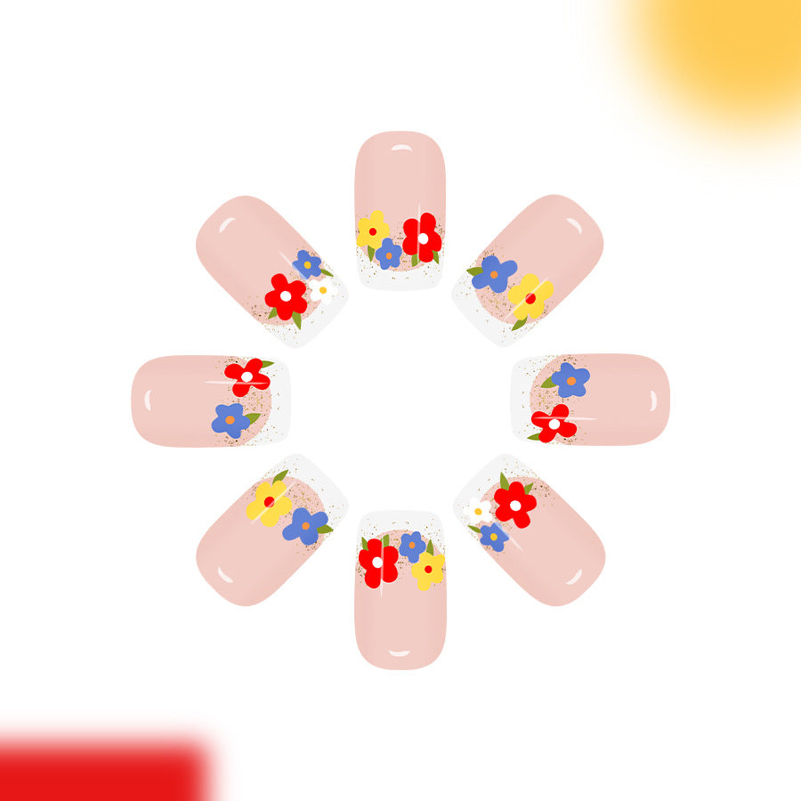 Floral Paradise Long Square Pink Press-On Nail Set with Colorful Flower Designs