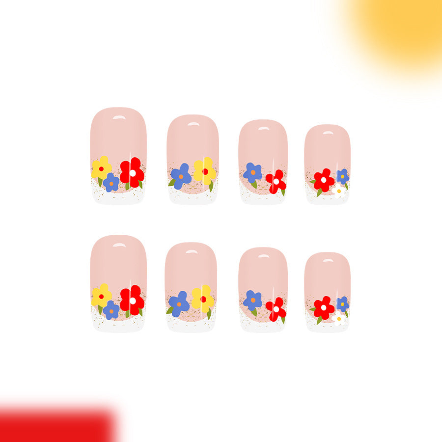 Floral Garden Short Square Pink Nails with Vibrant Flower Accents