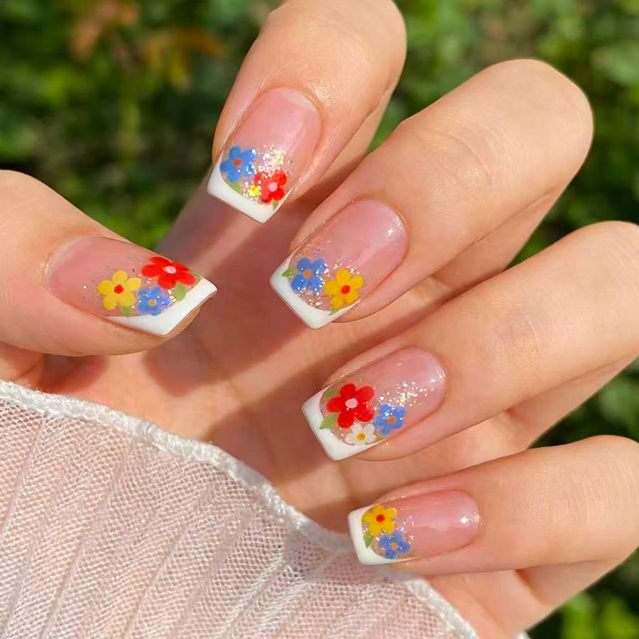 Floral Dream Short Square Clear Base with Colorful Flower Accents Press On Nail Set