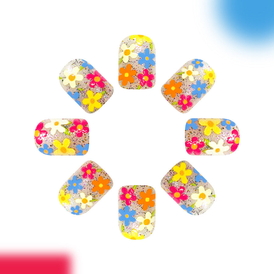 Blooming Floral Medium Square Press On Nail Set with Sparkling Glitter Design