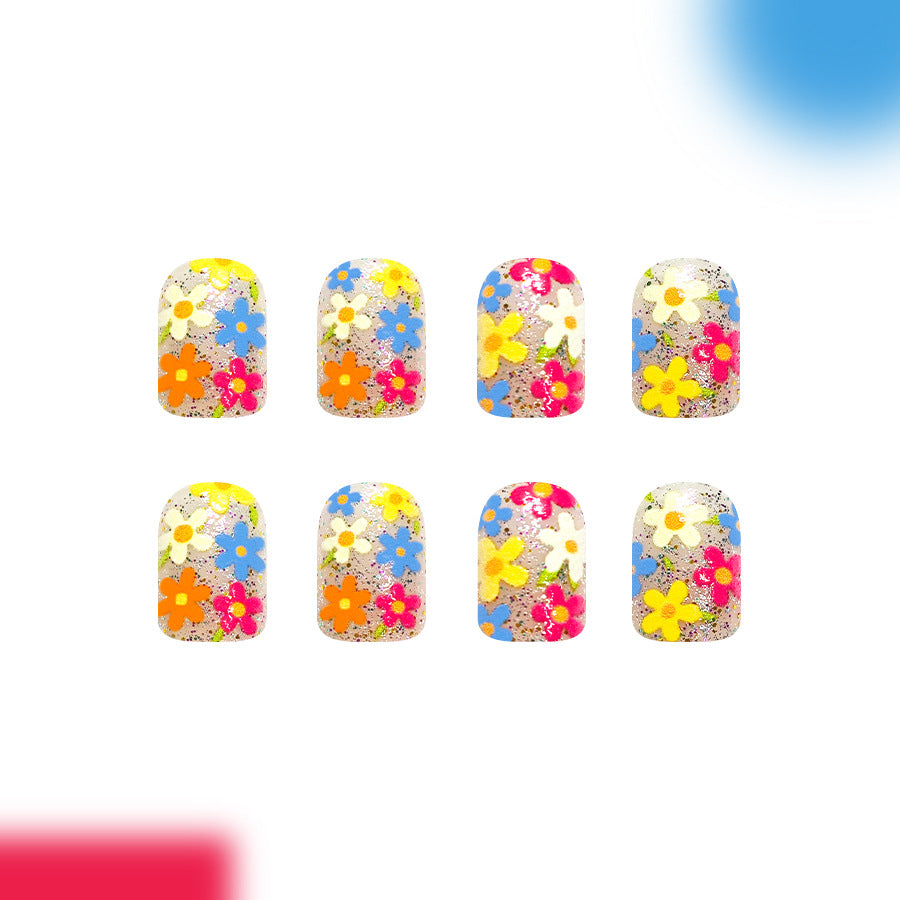 Floral Fantasy Short Square Multicolor Glitter Design Press On Nail Set