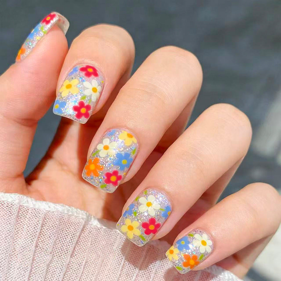Floral Bliss Short Square Transparent Nails with Colorful Flower Accents
