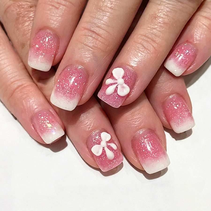 Blossom Elegance Short Square Pink Ombre with Floral Accent Press On Nail Set