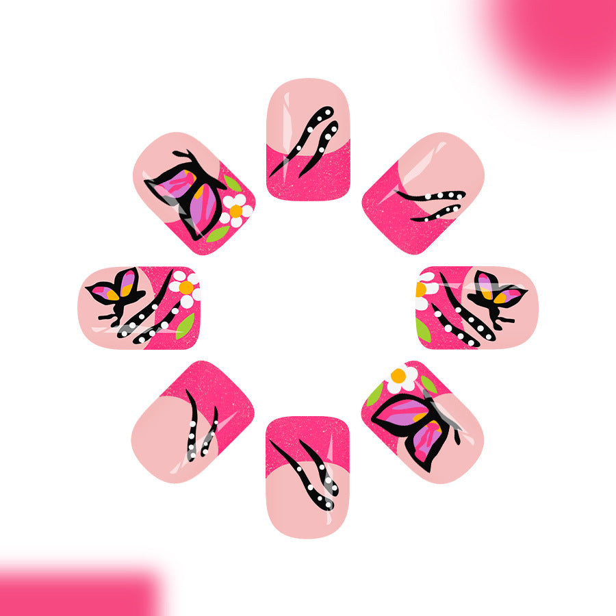 Butterfly Bliss Short Square Pink Floral Design Press On Nail Set