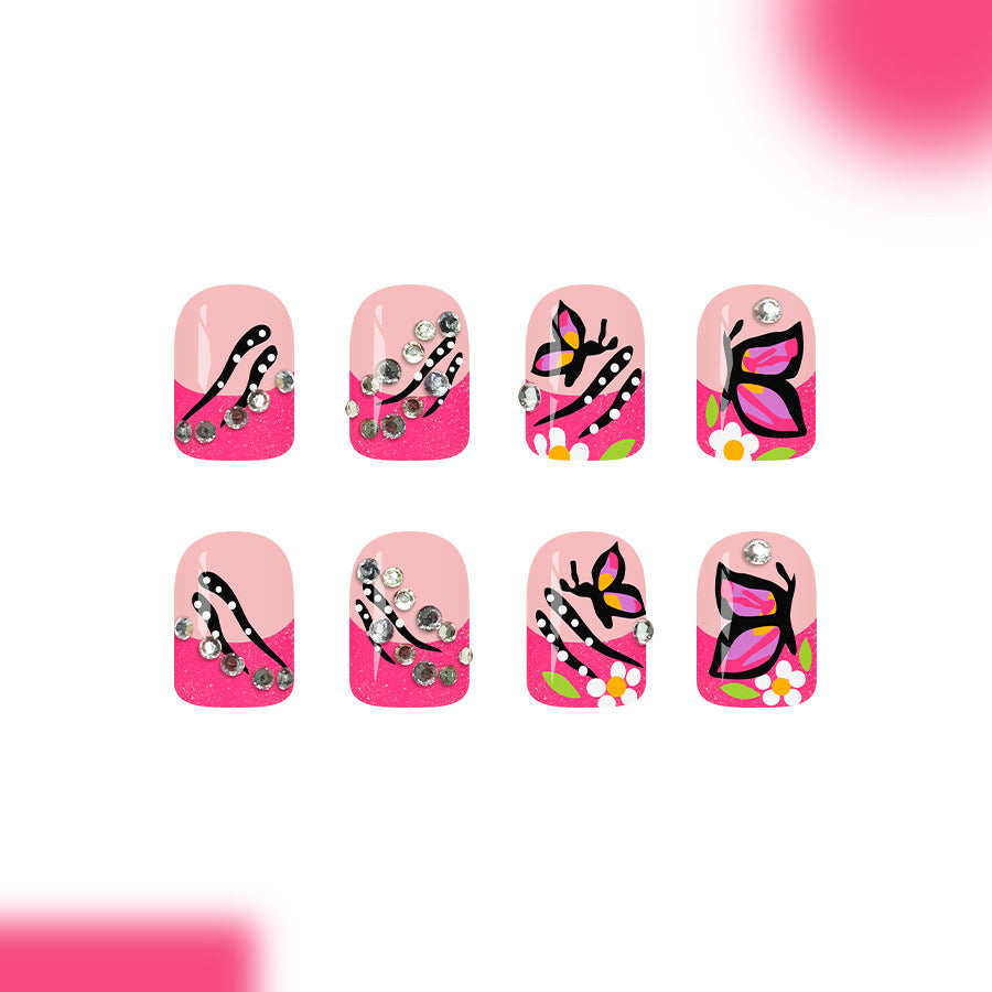 Enchanting Floral Fantasy Short Square Pink Glitter Press On Nail Set with Rhinestone Accents