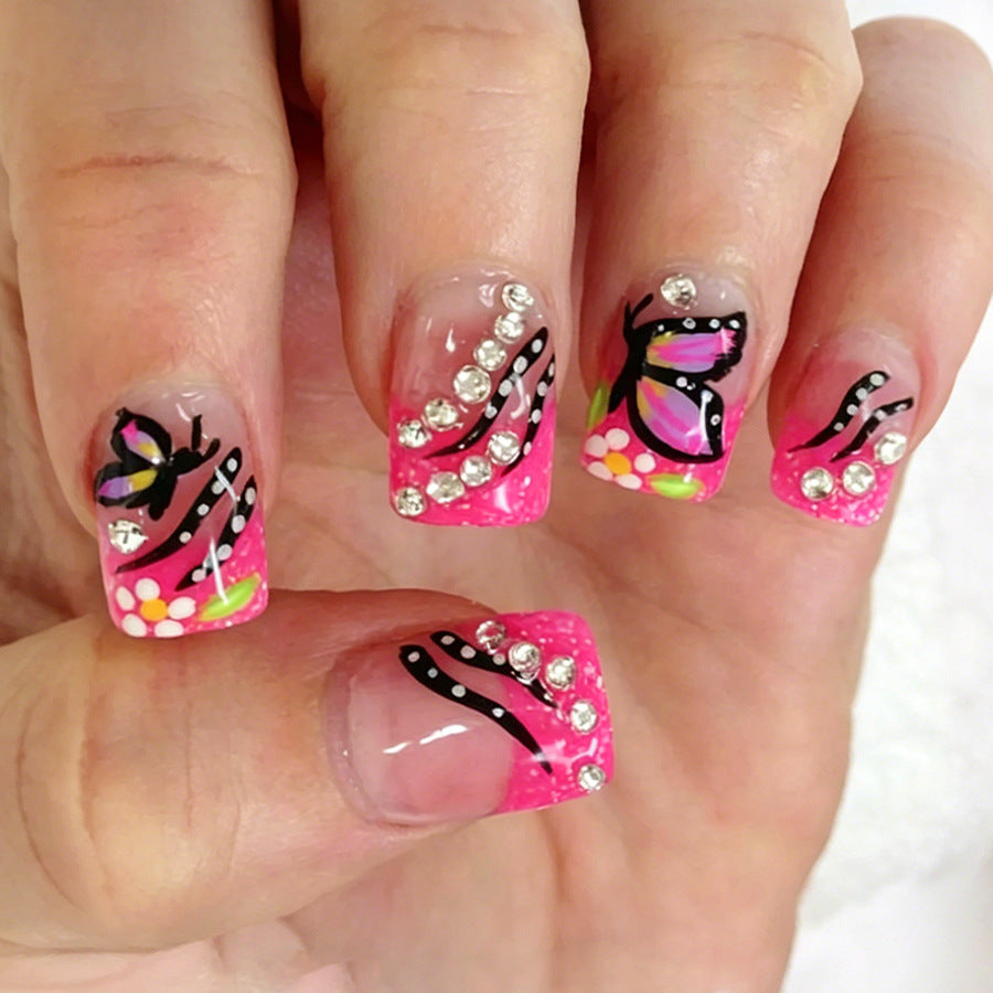 Whimsical Floral Fantasy Short Square Pink Nails with Sparkling Gems