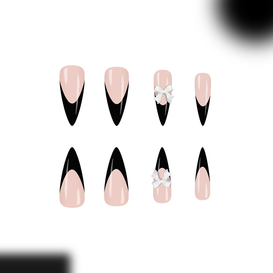 Elegant Noir Short Stiletto Pink and Black with Charming Bow Press-On Nail Set