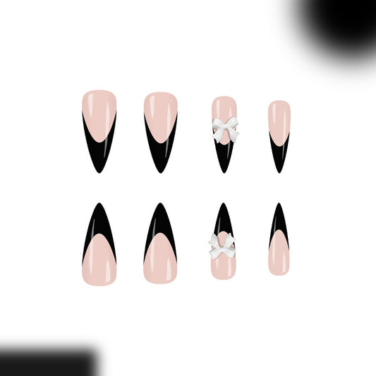 Elegant Noir Short Stiletto Pink and Black with Charming Bow Press-On Nail Set