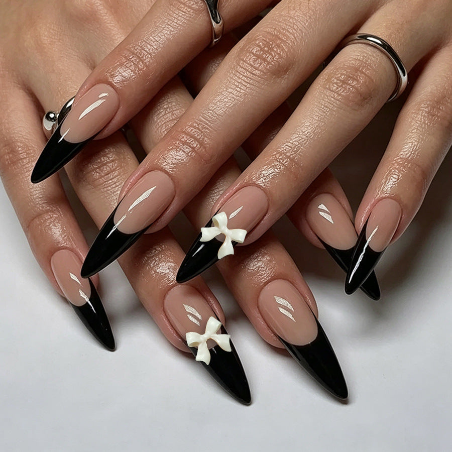 Gothic Glamour Medium Almond Black and Beige Press On Nail Set with Elegant Bow Accents