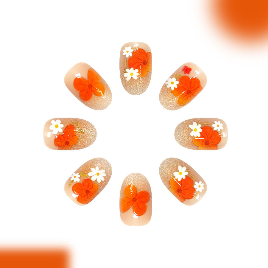 Sunshine Blossom Short Round Orange Flower Nail Set with Sparkle Finish