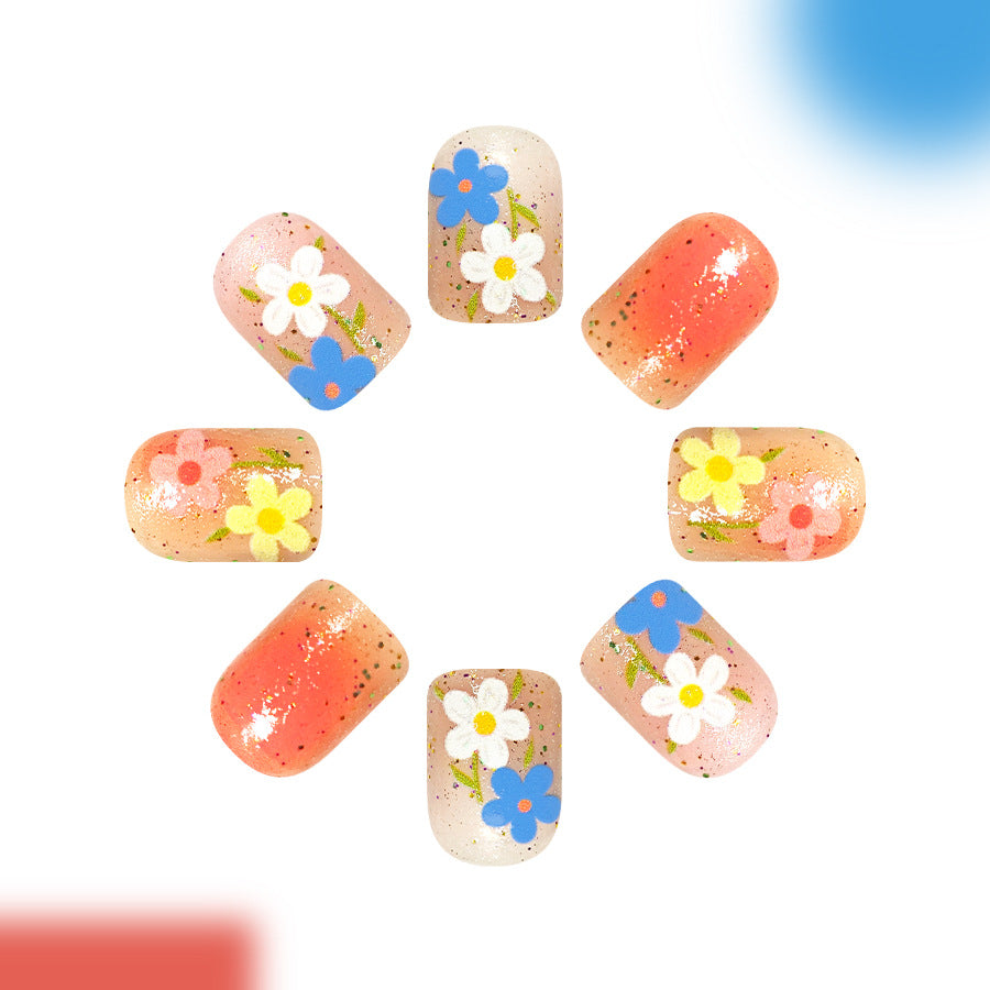 Garden Fresh Short Square Peachy Floral Nail Set with Sparkling Glitter