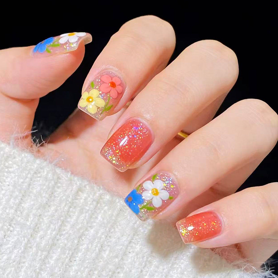 Floral Fantasy Short Square Pink with Glitter and Flower Design Press On Nail Set