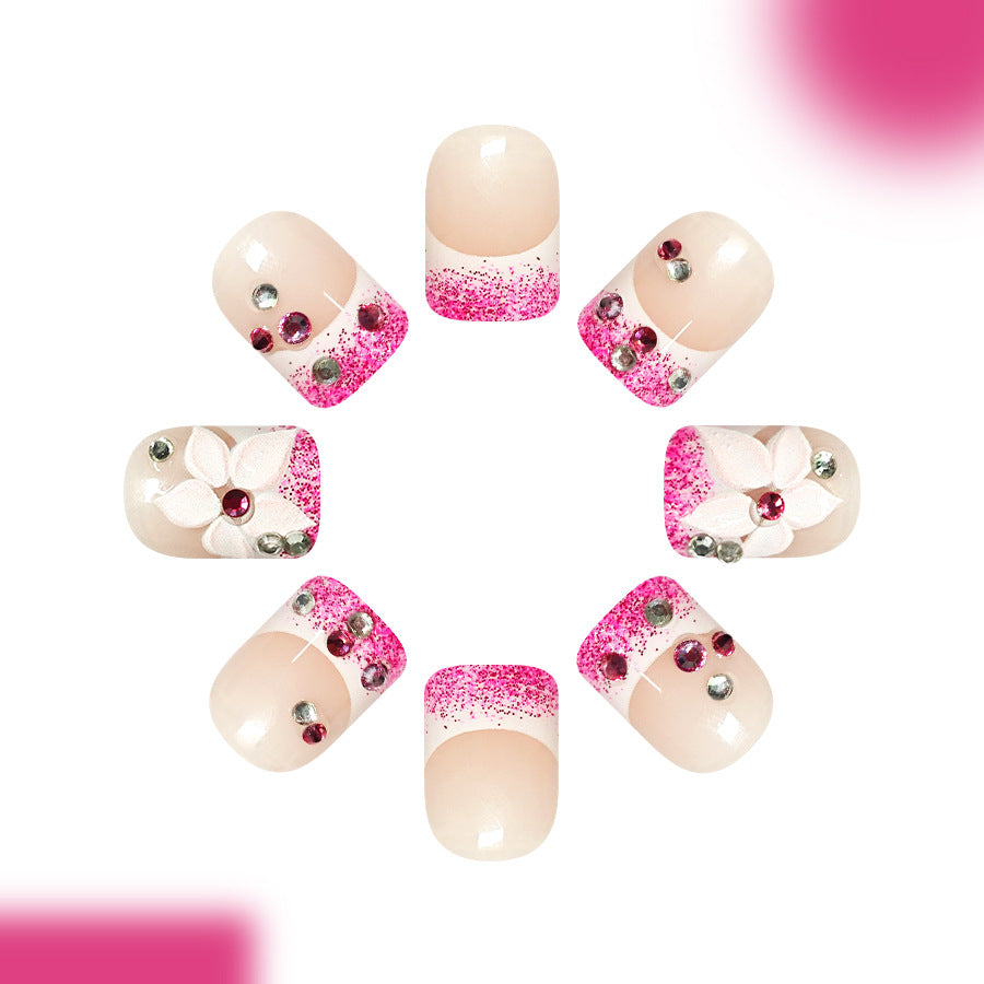 Whimsical Floral Fantasy Short Square Pink Glitter Press-On Nail Set with Gemstone Accents