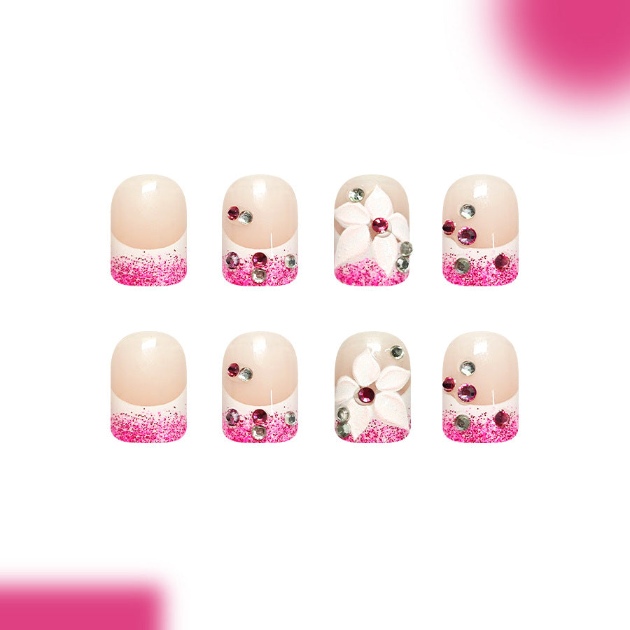 Charming Floral Delight Short Square Pink Glitter Press-On Nail Set with Decorative Gem Accents