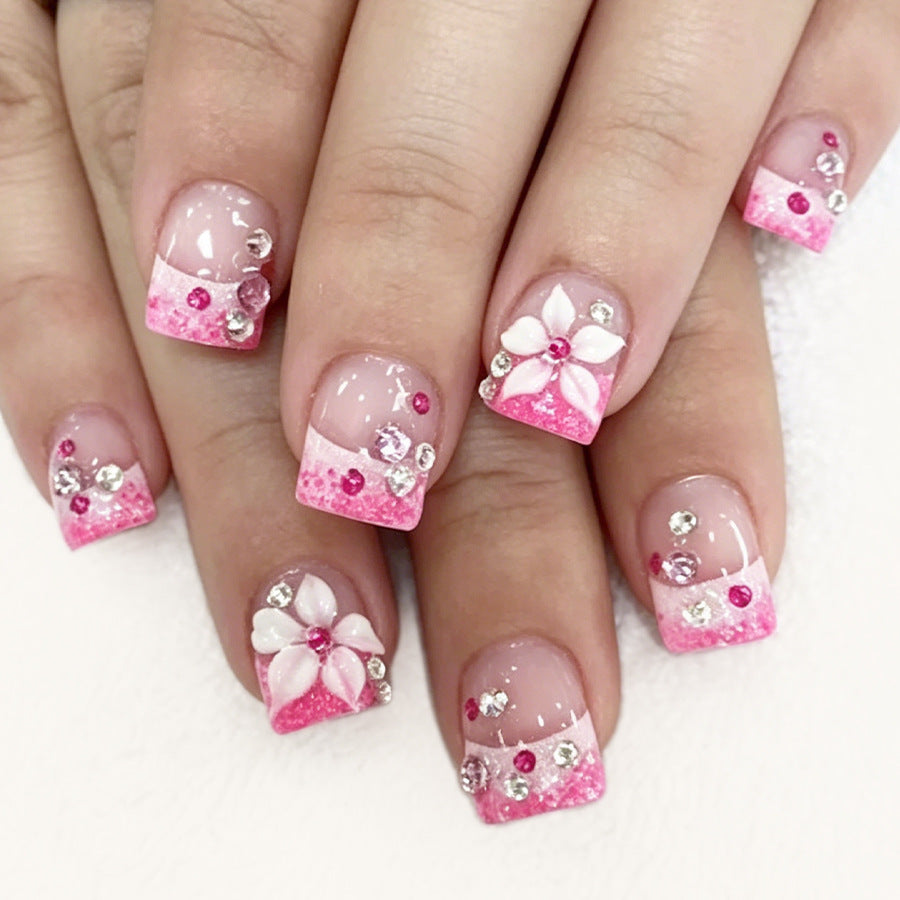 Blossom Paradise Medium Square Pink with Floral and Gemstone Accents Press On Nail Set