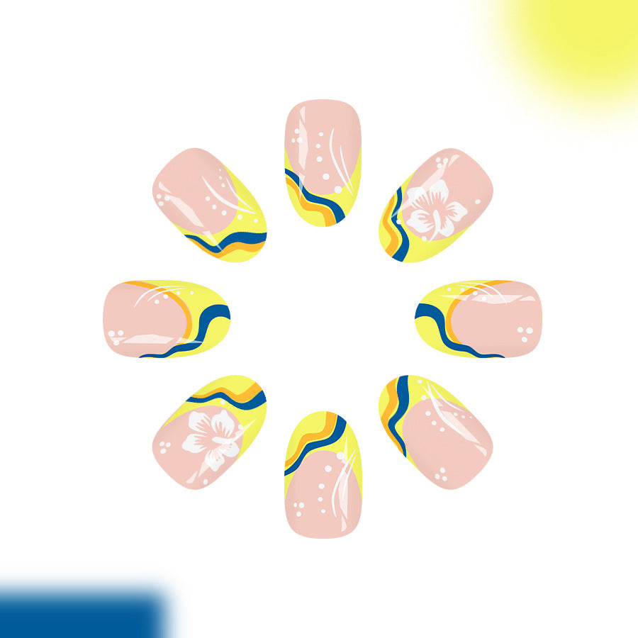 Sunny Vibes Medium Oval Yellow Swirl Press On Nail Set with Floral Accent