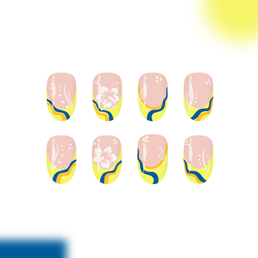 Tropical Vibes Medium Oval Yellow Gradient with Floral Design Press On Nail Set