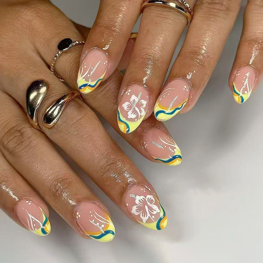 Tropical Vibe Short Oval Pink with Colorful Floral Design Press On Nail Set