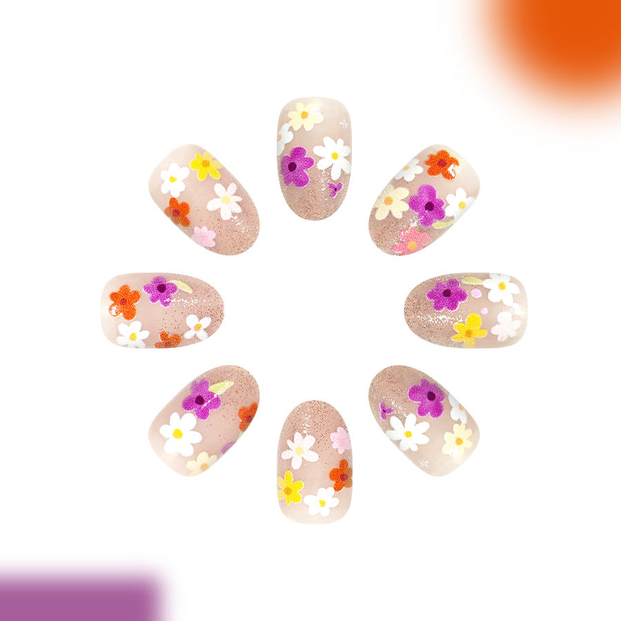 Whimsical Floral Short Round Beige Press-On Nail Set with Glitter Accents