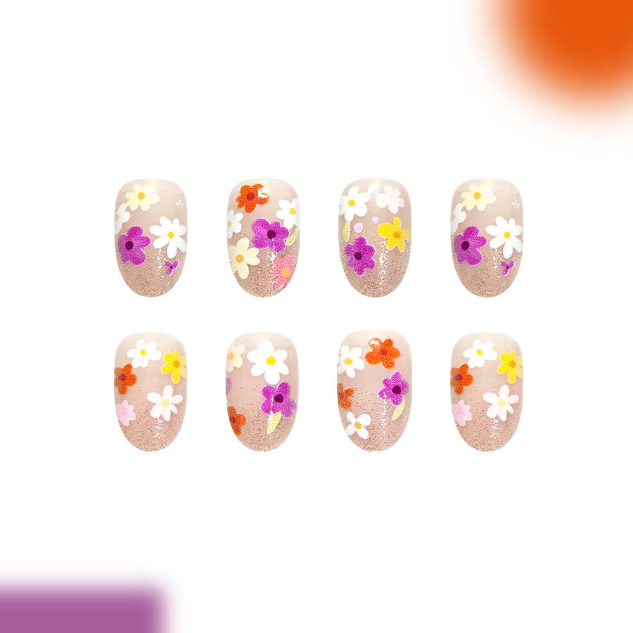 Floral Fantasy Short Round Beige Press On Nail Set with Sparkling Glitter Decor