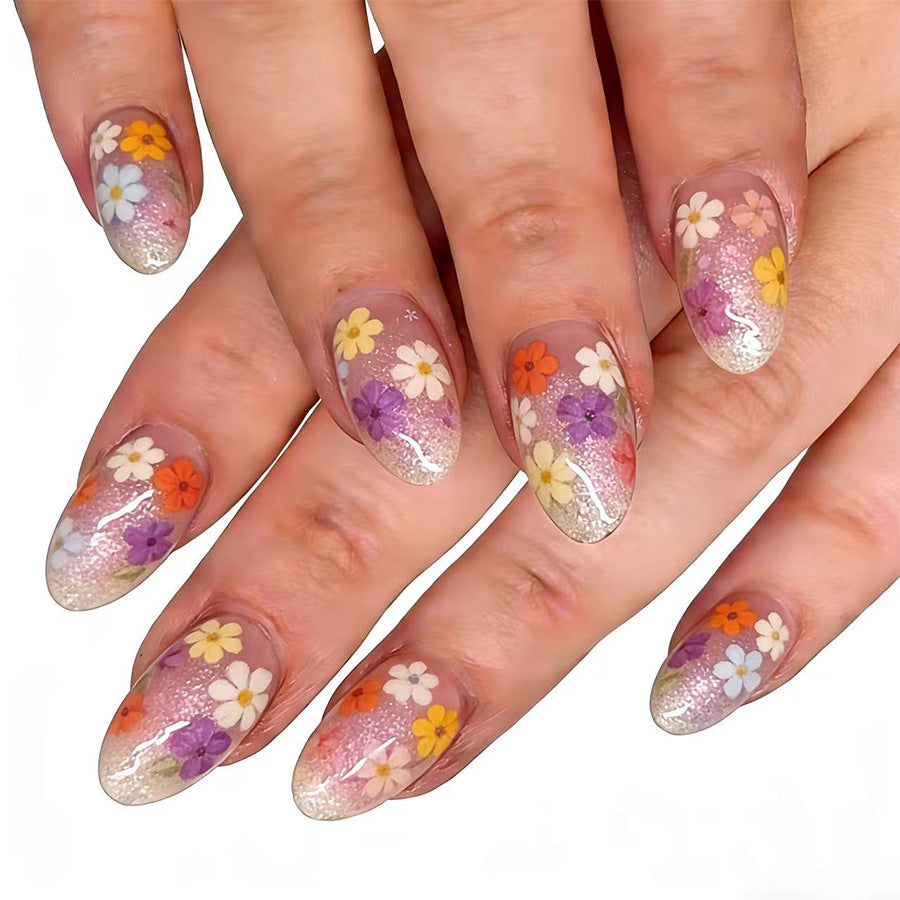 Enchanting Garden Medium Almond Clear with Floral Accents Press on Nail Set