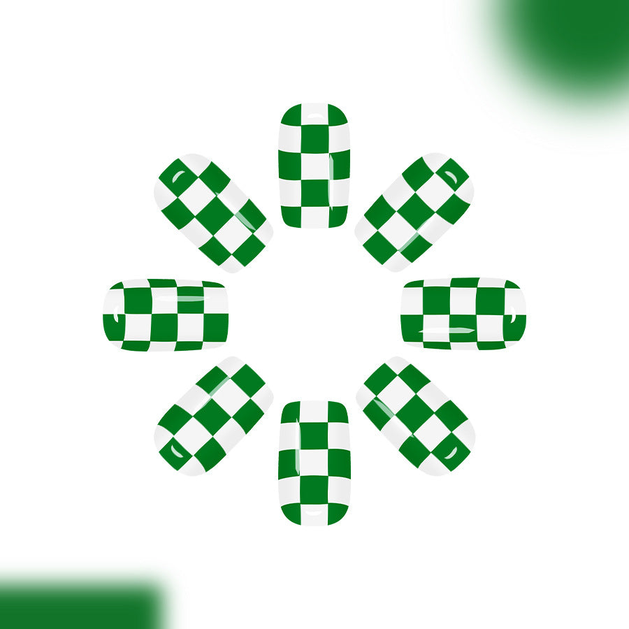 Crisp Green Checkerboard Long Square Press On Nail Set with Glossy Finish