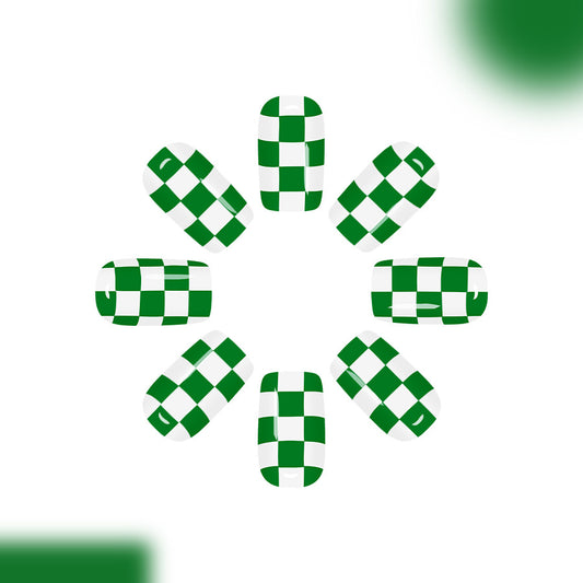 Crisp Green Checkerboard Long Square Press On Nail Set with Glossy Finish
