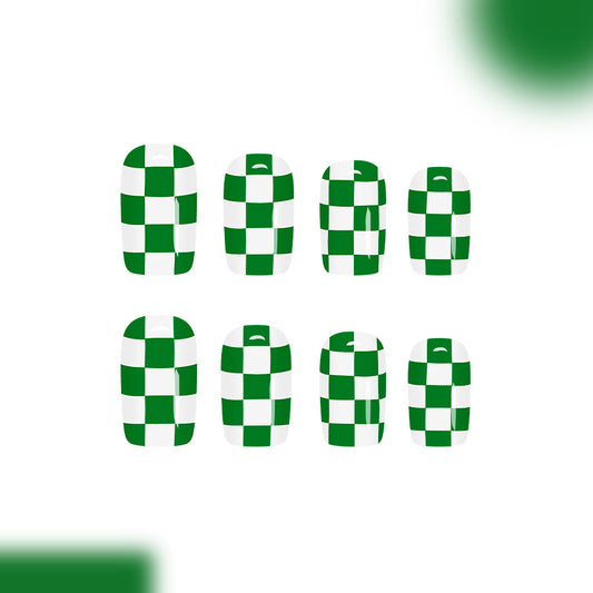 Vibrant Checkerboard Long Square Green Nail Set with Glossy Finish
