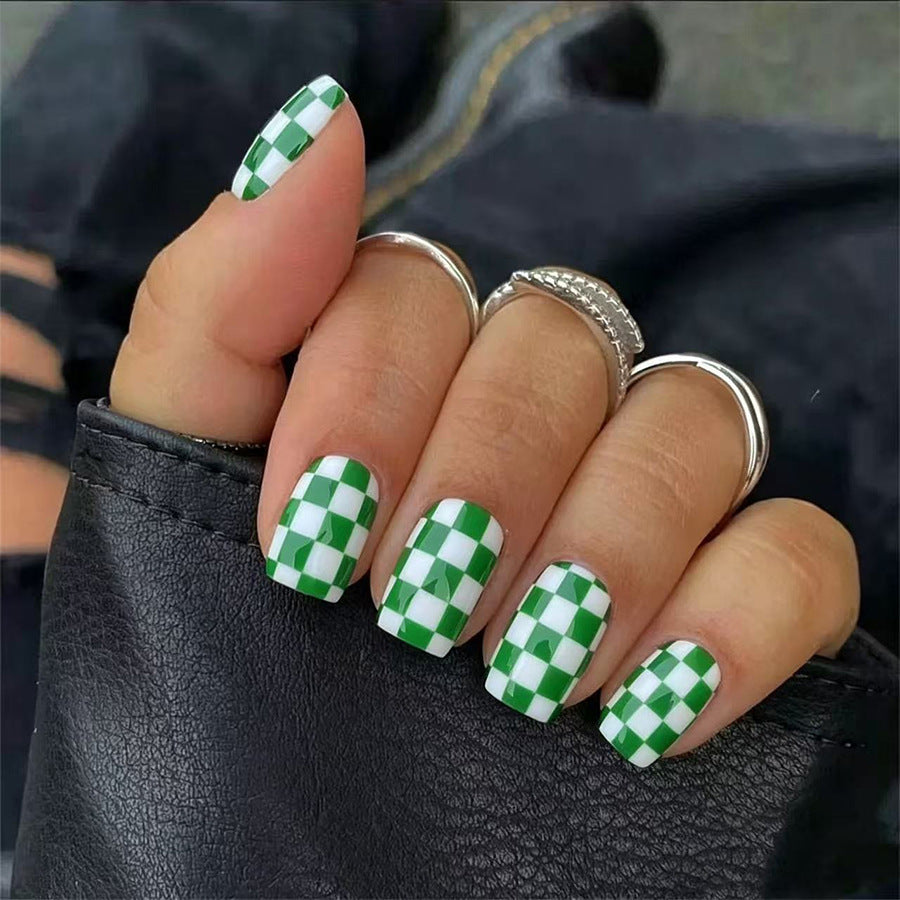 Chic Green Checkered Short Square Press-On Nail Set with Glossy Finish