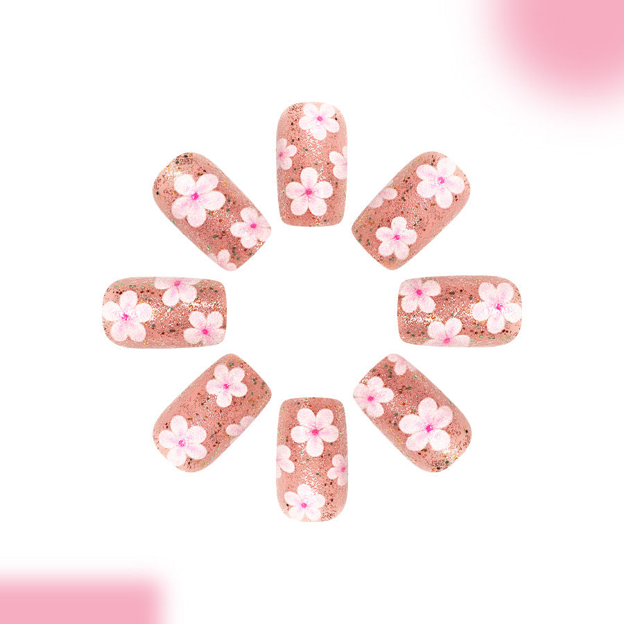 Blossom Delight Short Square Pink Floral Press-On Nail Set with Glitter Finish