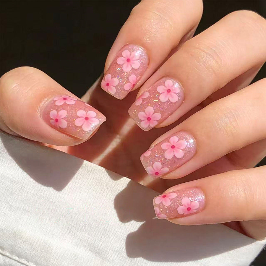 Blossom Dream Short Square Pink Floral Glitter Press On Nail Set