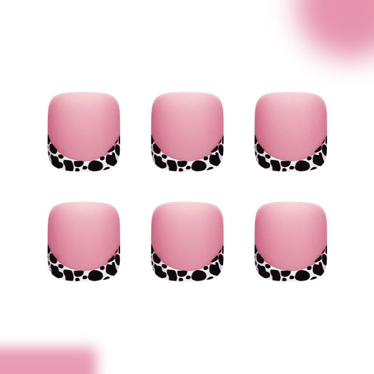 Chic Cowhide Vibe Short Square Pink with Black Accent Press On Toenail Set