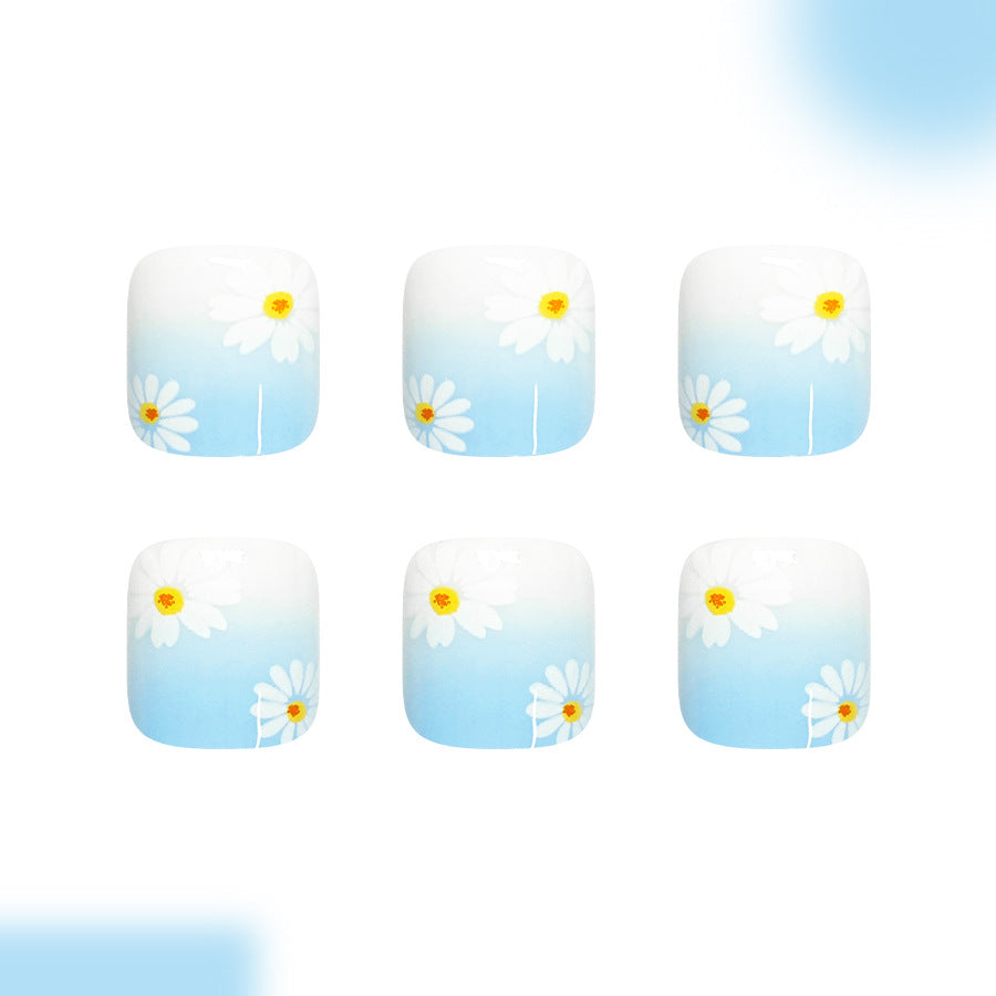 Sunny Daydream Short Square Light Blue with Daisy Floral Design Press On Toenail Set