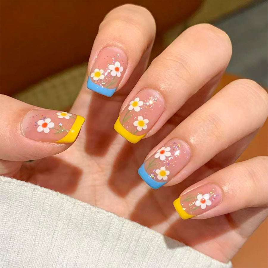 Spring Floral Medium Square Pastel Tips with Glitter Accents Press On Nail Set