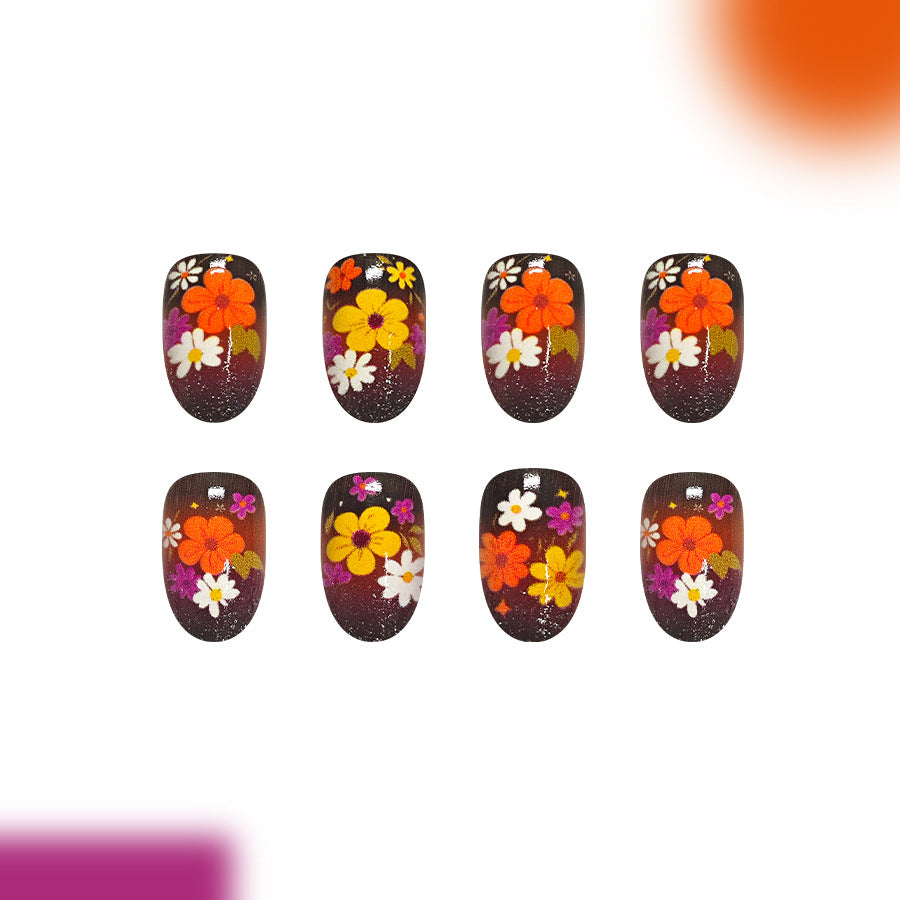 Floral Harmony Long Almond Black and Colorful Flower Design Press On Nail Set