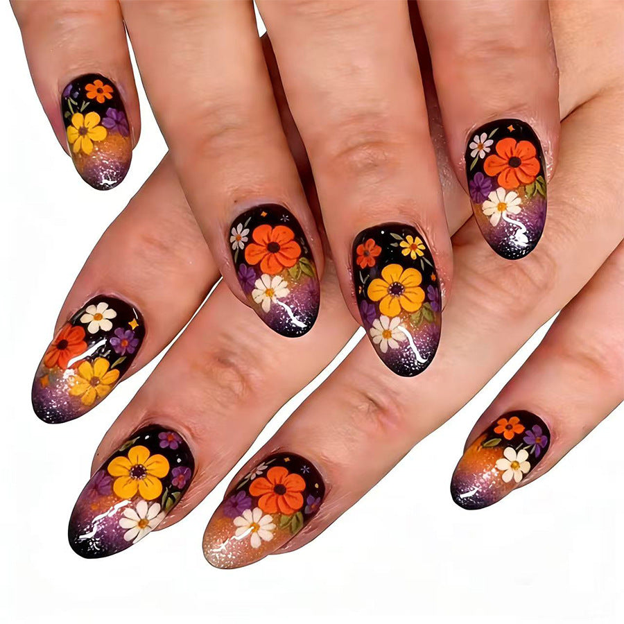Floral Fantasy Medium Almond Black with Colorful Flower Design Press on Nail Set