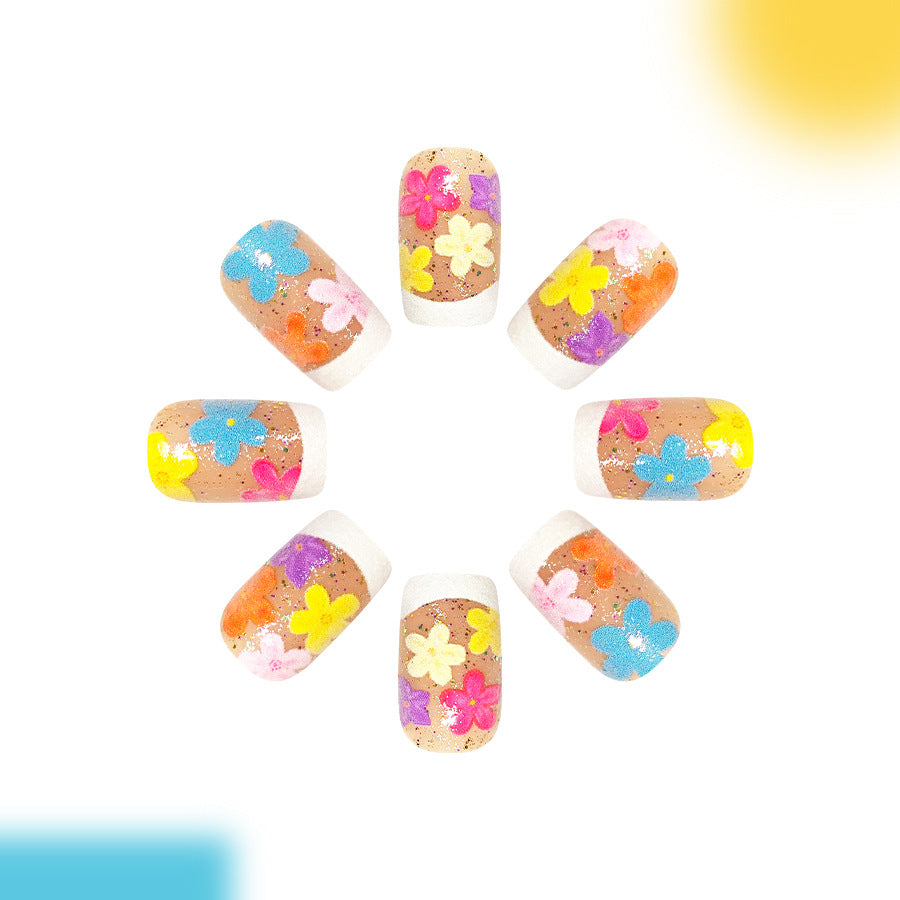 Floral Delight Short Square Multicolor Press On Nail Set with Glitter Finish