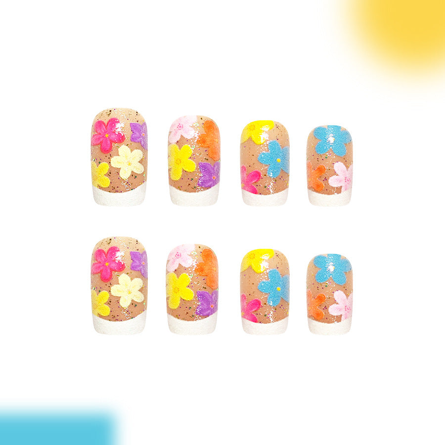 Floral Dream Long Square Colorful Flower Embellishments Press On Nail Set