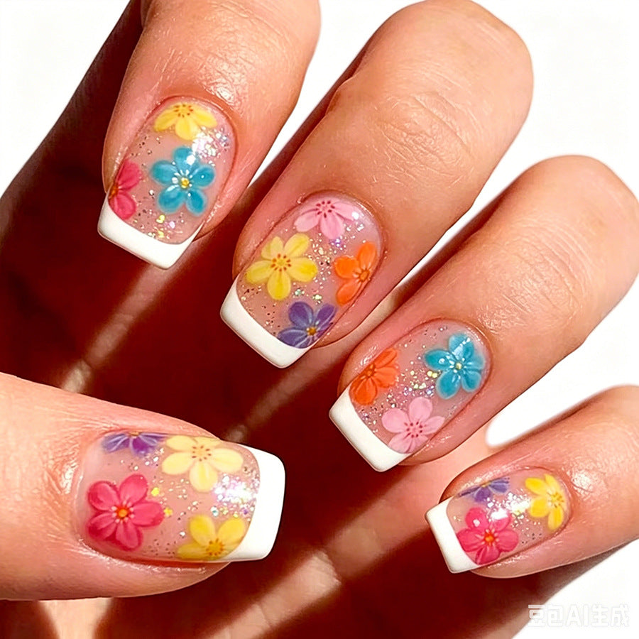 Floral Fantasy Short Square Pastel Nail Set with Glittery Flower Accents