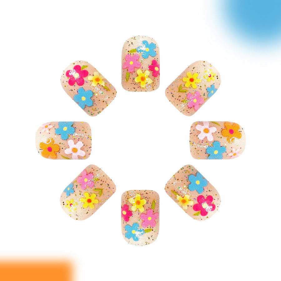Floral Fantasy Medium Square Blush Pink with Colorful Flower Accents Press On Nail Set