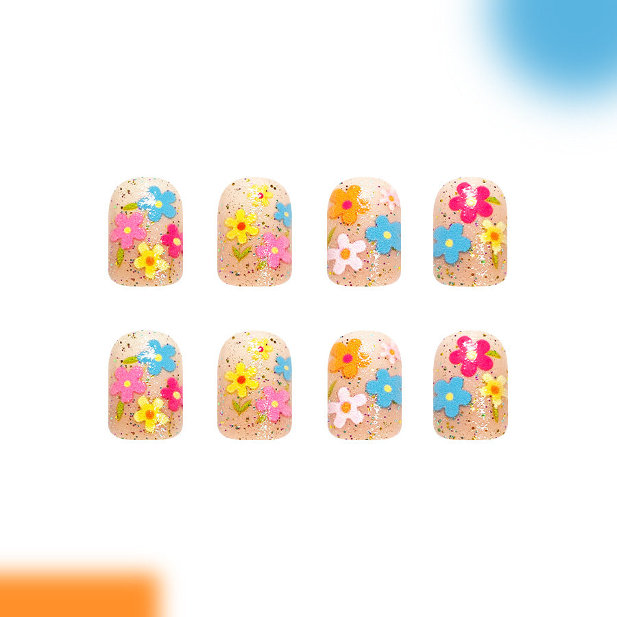 Floral Bliss Short Square Beige Press On Nail Set with Colorful Flower Accents